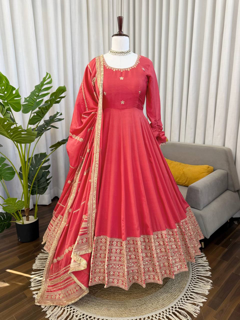 Red Silk Anarkali Suit With Gold Embroidery And Matching Dupatta