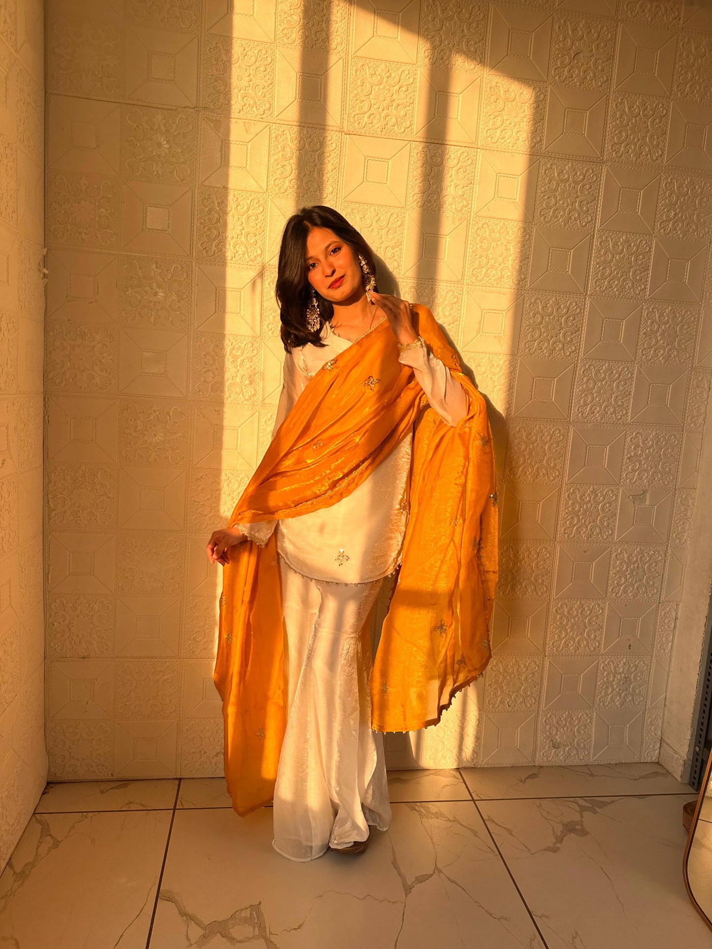 Embroidered Sharara Set With Contrast Sequin Mustard Yellow Dupatta