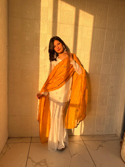 Embroidered Sharara Set With Contrast Sequin Mustard Yellow Dupatta