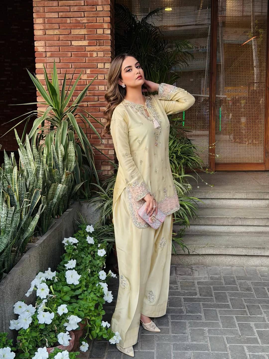 Embroidered Farshi Salwar Suit With Tassel Neckline And Dupatta