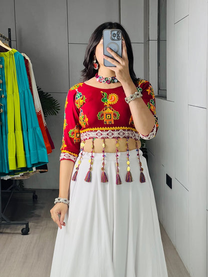 6 Meter Flair White Lehenga Choli With Embroidered Kediya And Multicolor Border