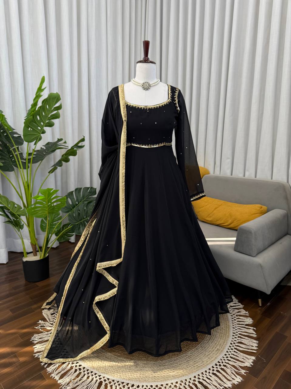 Black Georgette Anarkali Suit Work And Golden Lace Dupatta