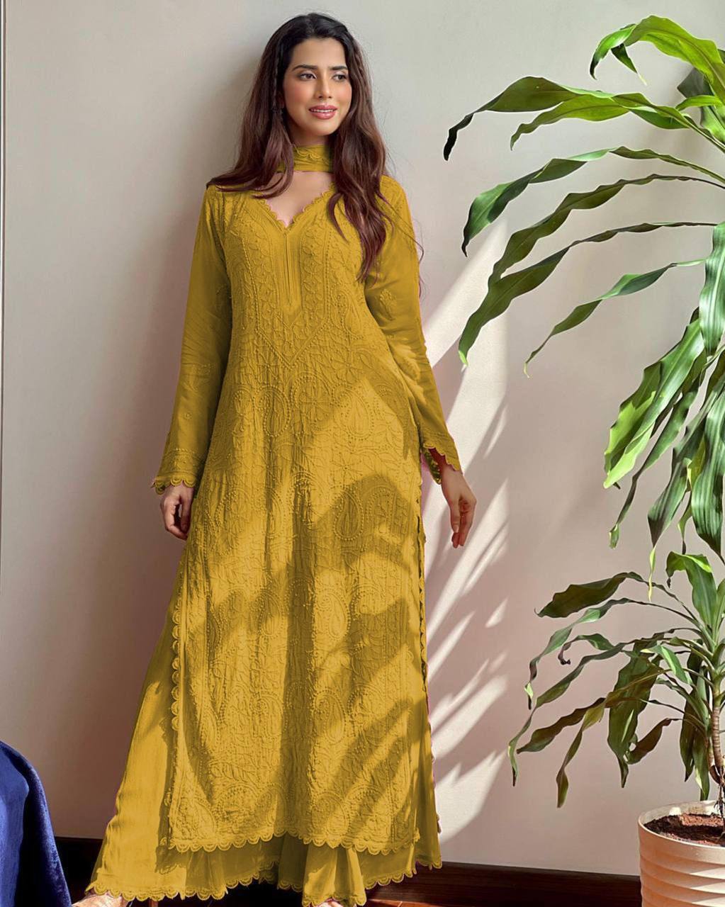 Mustard Yellow Chikankari Kurti With Lace Detail And Full Length Ethnic Wear