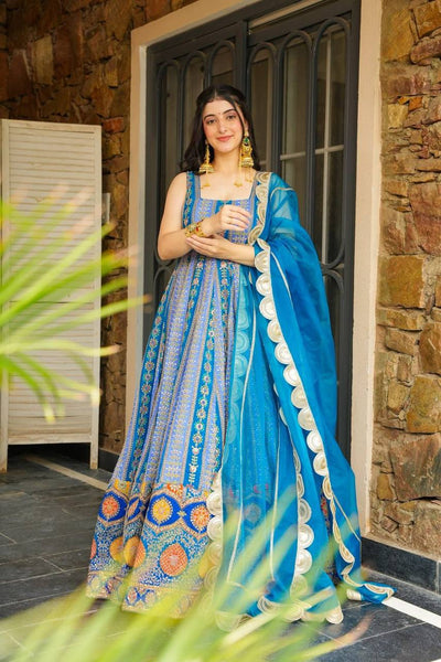 ROYAL BLUE DIGITAL PRINTED  ANARKALI WITH DESIGNER DUPATTA