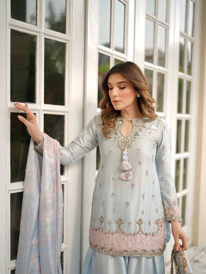 Embroidered Farshi Salwar Suit With Tassel Neckline And Dupatta