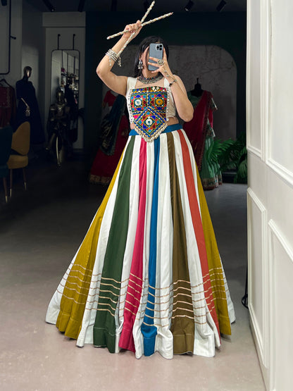 Multicolor Panelled Navratri Lehenga With Gota Patti Work And Mirror Choli