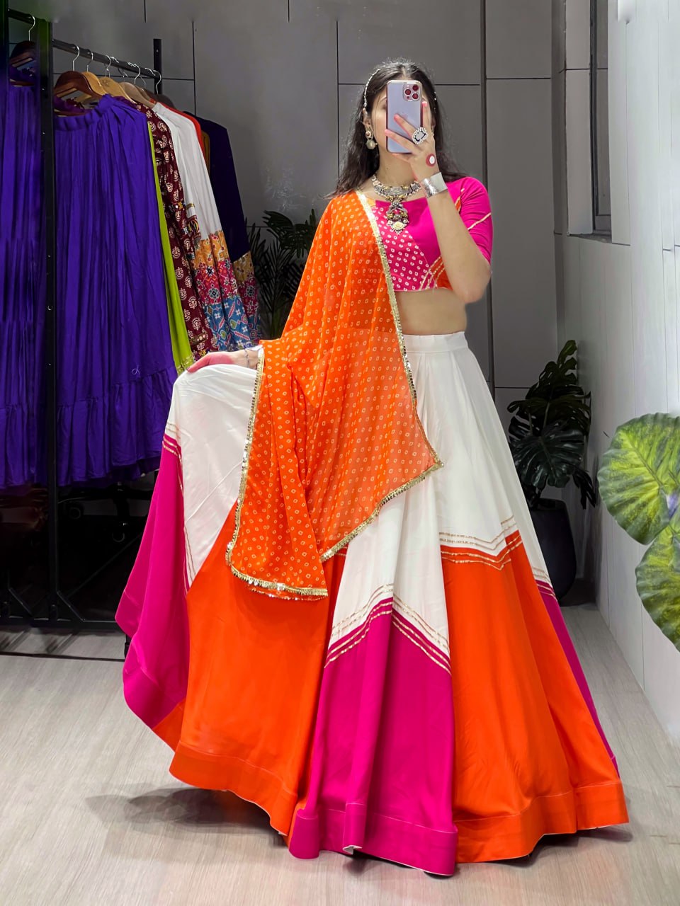 Orange Pink And White Colour Combination Navratri Lehenga Choli With Bandhani Dupatta
