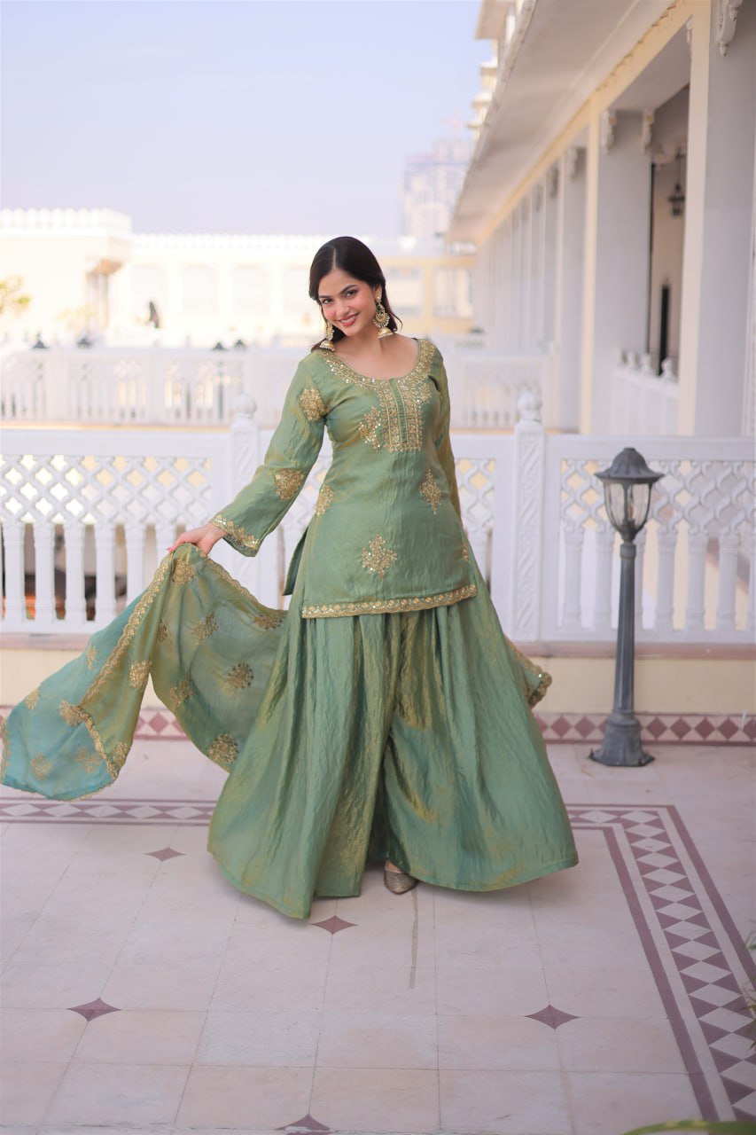 Embroidered Kurta Sharara Set with Zari Work And Dupatta