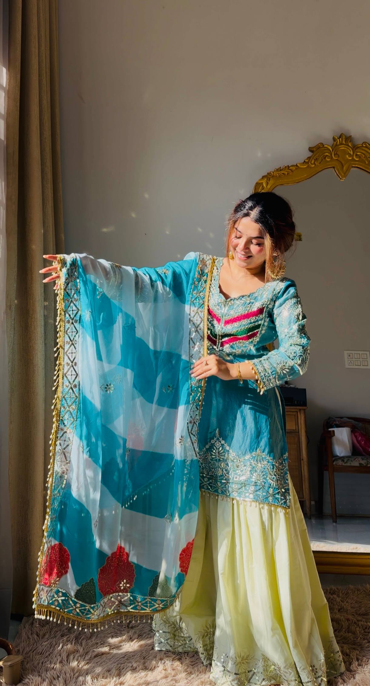 Embroidered Kurta Sharara Set With Printed Tassel Dupatta
