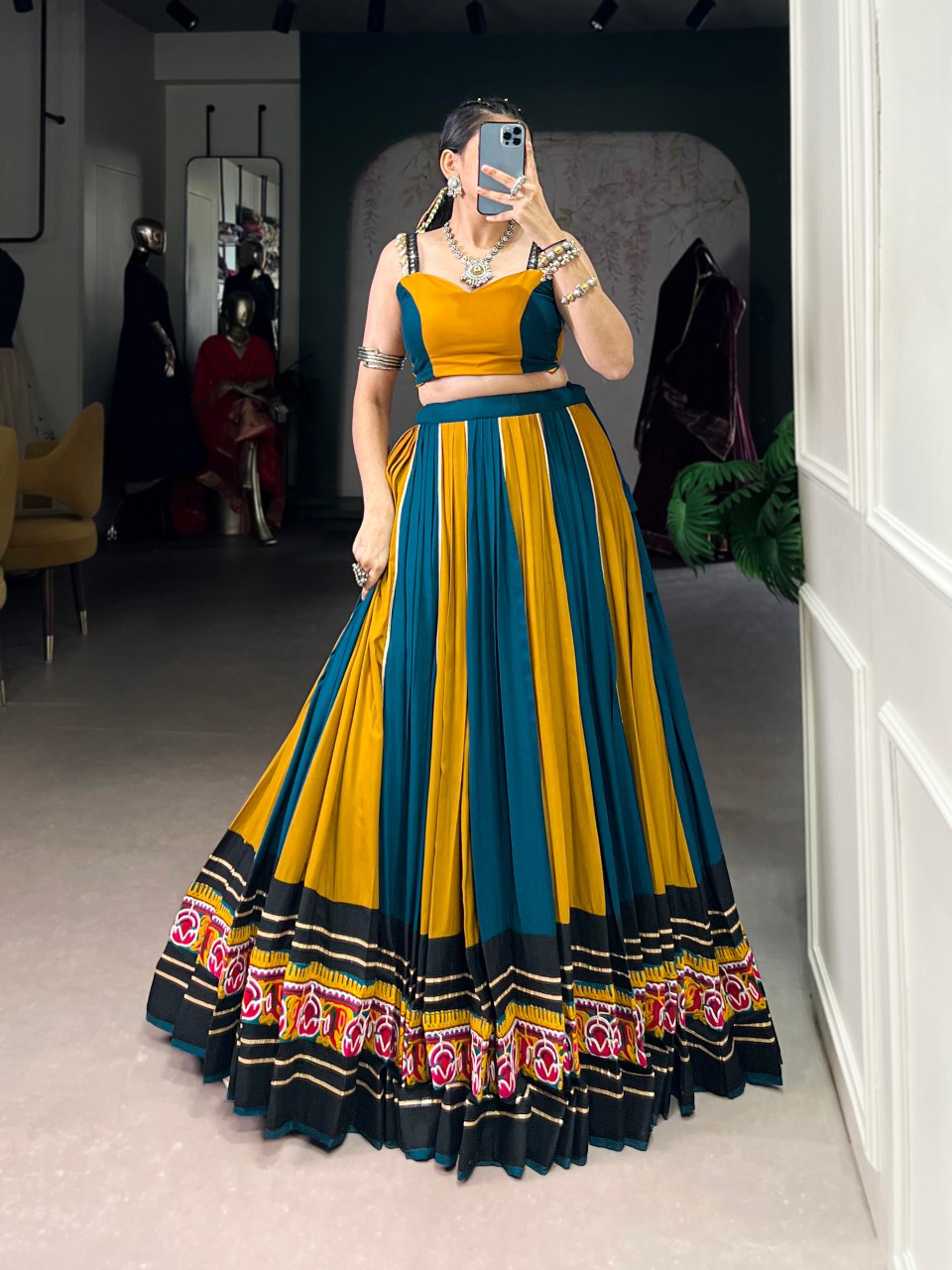 Mustard And Teal Contrast Lehenga Choli With Floral Embroidered Border