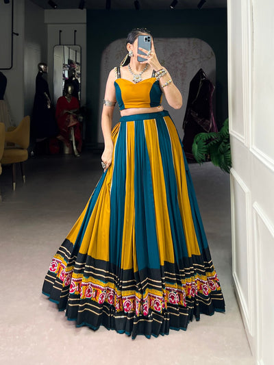 Mustard And Teal Contrast Lehenga Choli With Floral Embroidered Border
