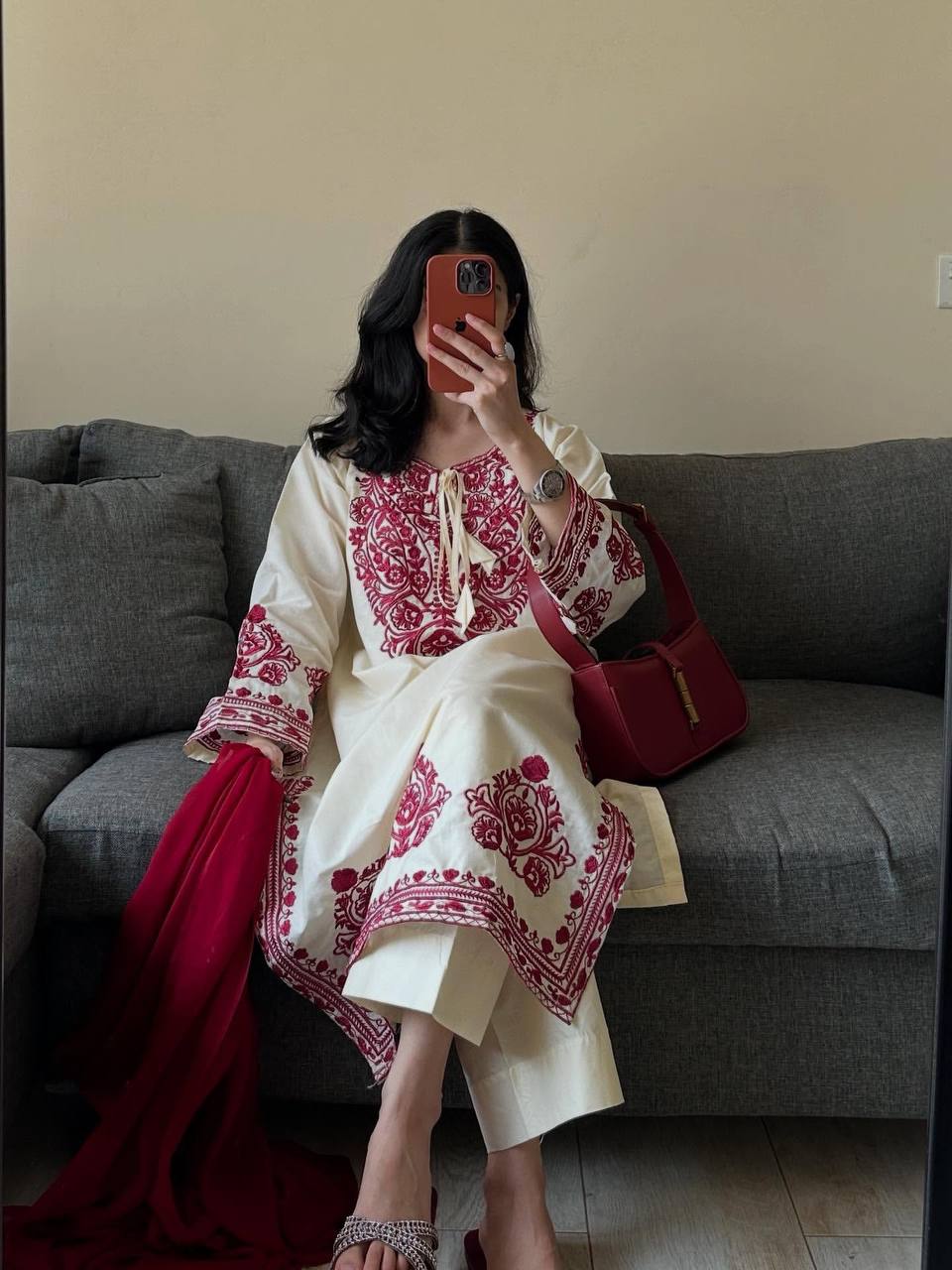Cream Embroidery Suit With Red Dupatta And White Pants