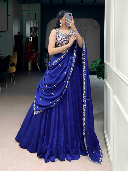 Royal Blue Silk Lehenga Choli with Intricate Silver Embroidery And Elegant Dupatta
