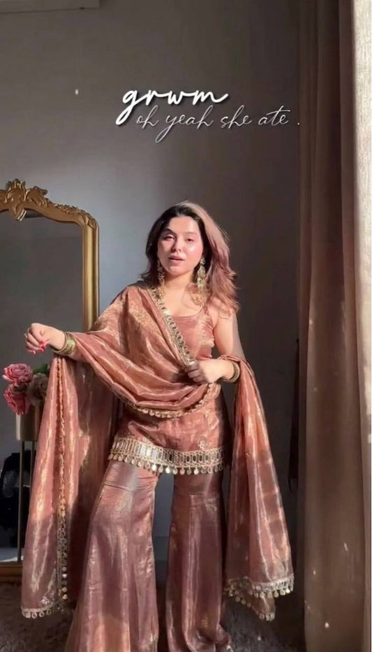 Dusty Pink Sharara Suit With Gold Embroidery And Real Mirror Work