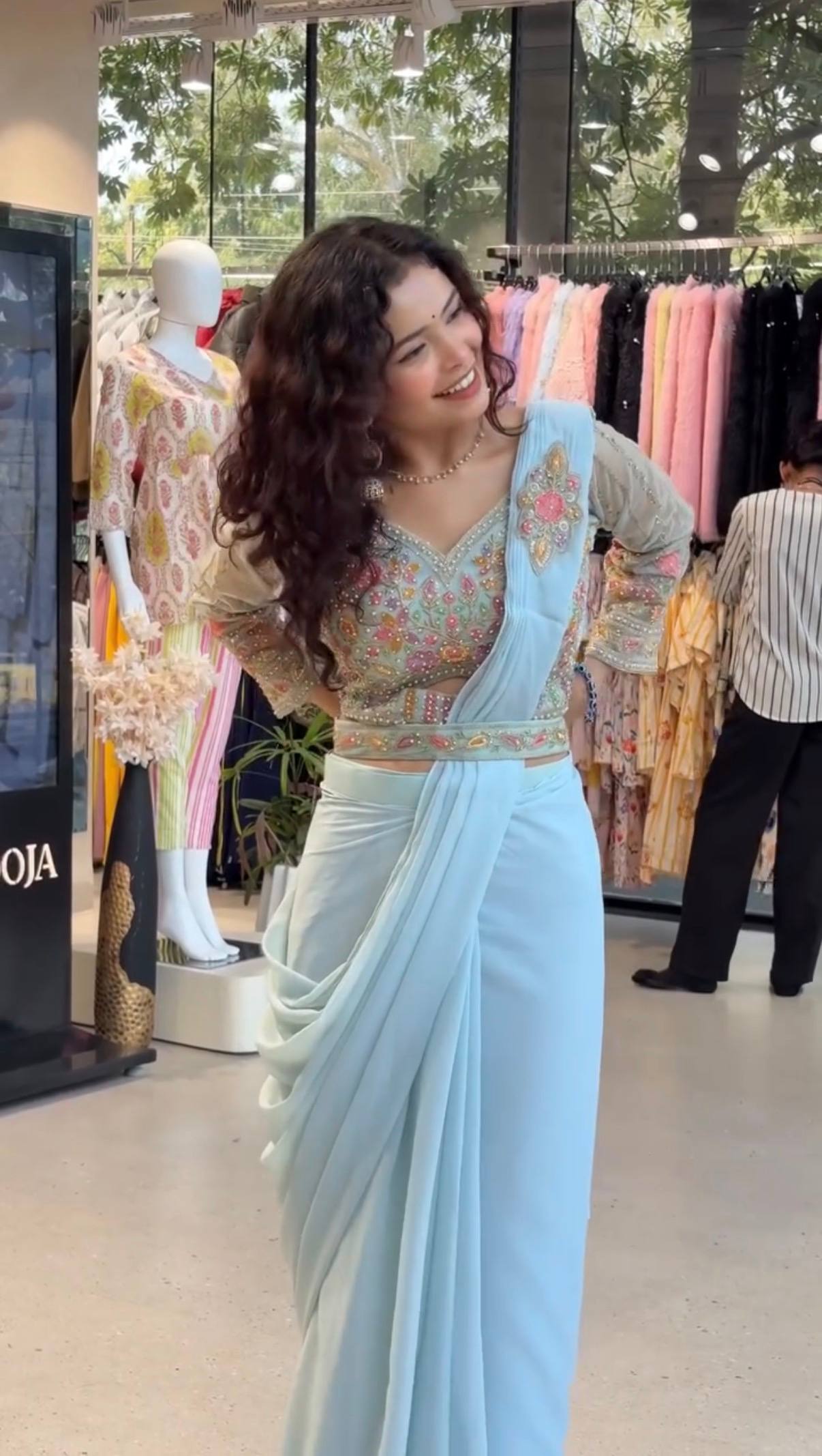 Draped Ready-To-Wear Light Blue Saree With Embroidered Floral Blouse