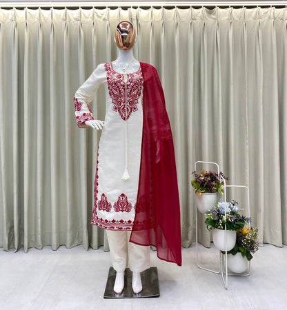 Cream Embroidery Suit With Red Dupatta And White Pants