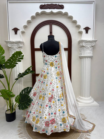 Off White Floral Embroidered Anarkali Gown With Spaghetti Straps And Dupatta