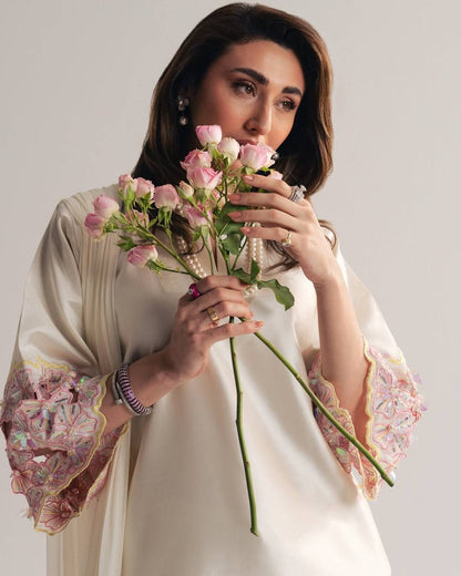 Elegant Off-White Silk Kurti With Pink Floral Embroidered Sleeves With White Salwar