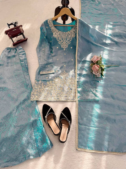 Ice Blue Silk Plazzo Suit With Heavy Zari And Sequins Embroidery