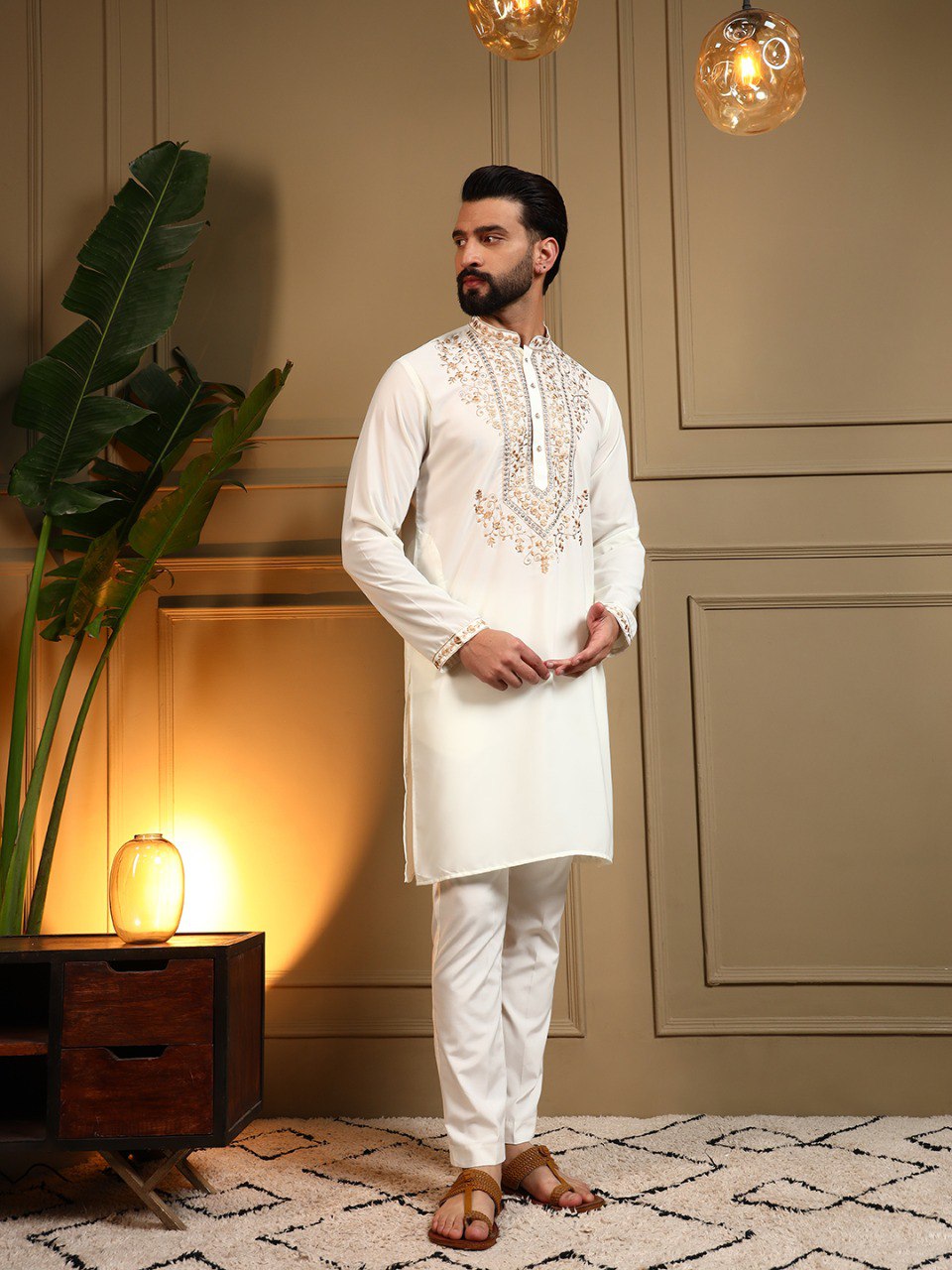 Classic Designer Embroidered Kurta Set For Men With White Pajama