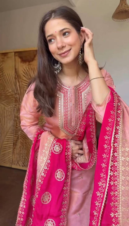 Peach Pink Embroidered Kurta Pant Set With Contrast Rani Pink Dupatta