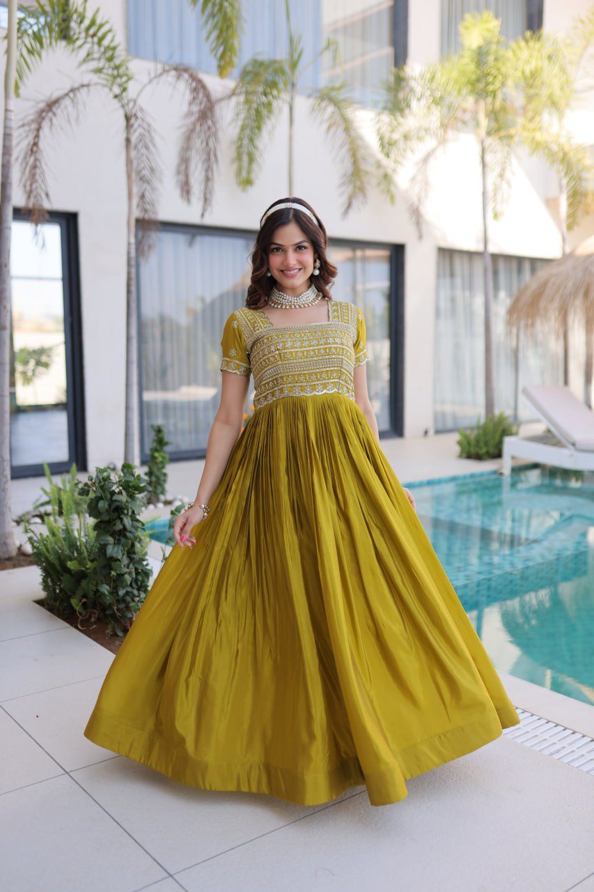 Mehendi Green Silk Anarkali Gown With Heavy Zari Embroidered