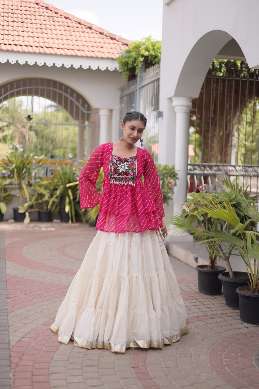 12 Meter Layered Flared Lehenga Choli With Kutchi Mirror Work And Leheriya Ruffle Top