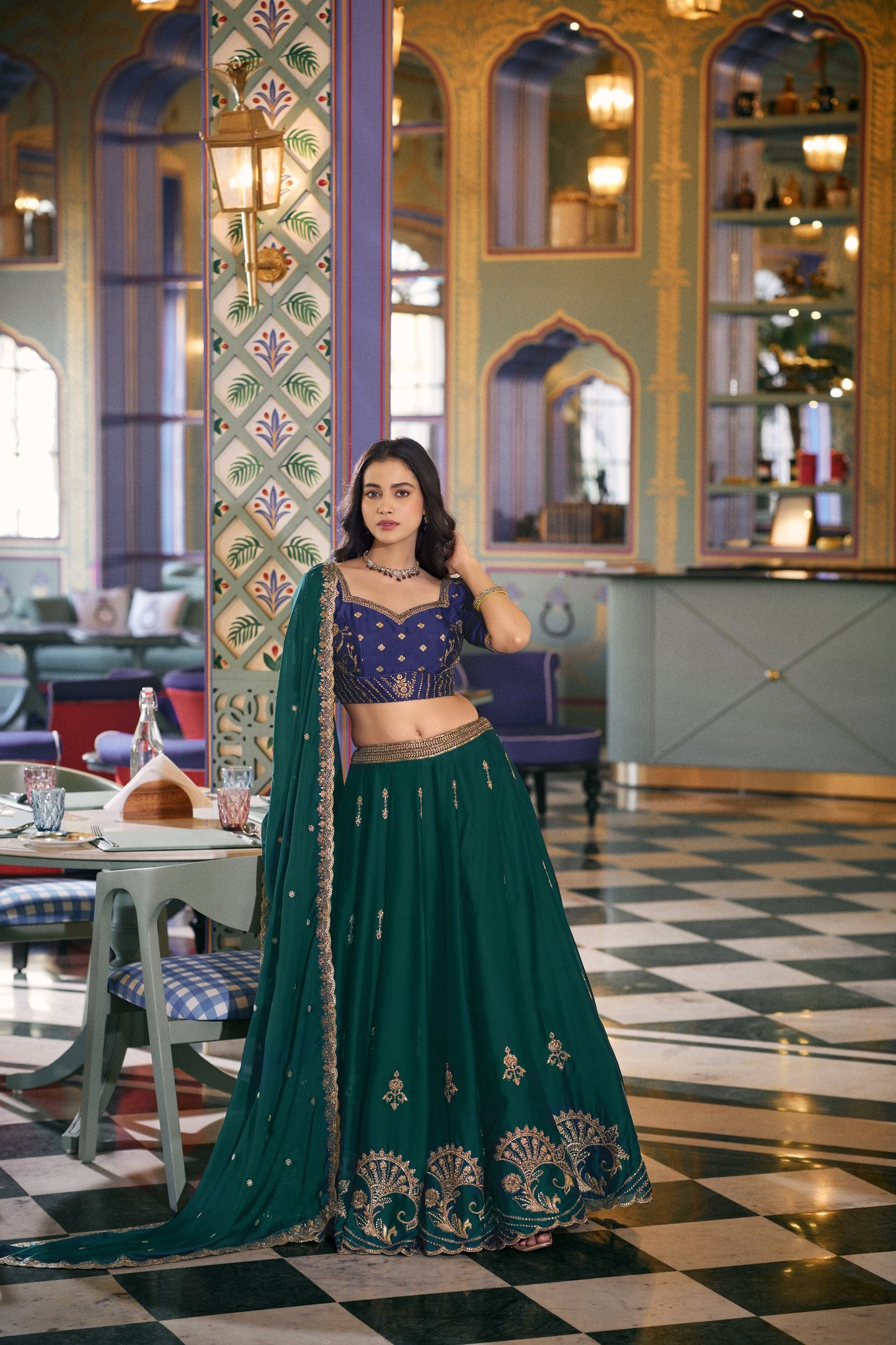 Bottle Green Embroidered Lehenga Choli with Contrast Blouse And Dupatta