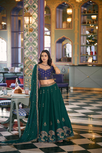 Bottle Green Embroidered Lehenga Choli with Contrast Blouse And Dupatta