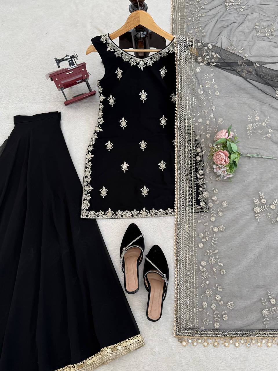Black Embroidered Sharara Suit With Net Dupatta