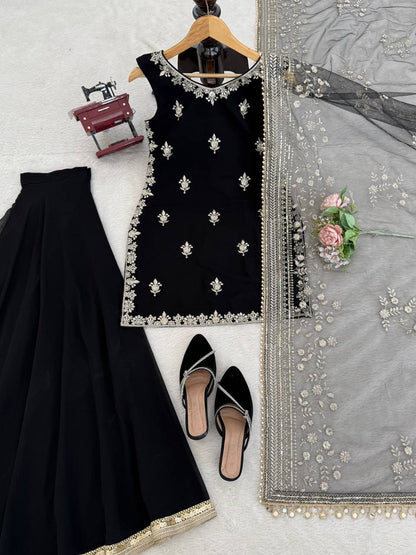 Black Embroidered Sharara Suit With Net Dupatta