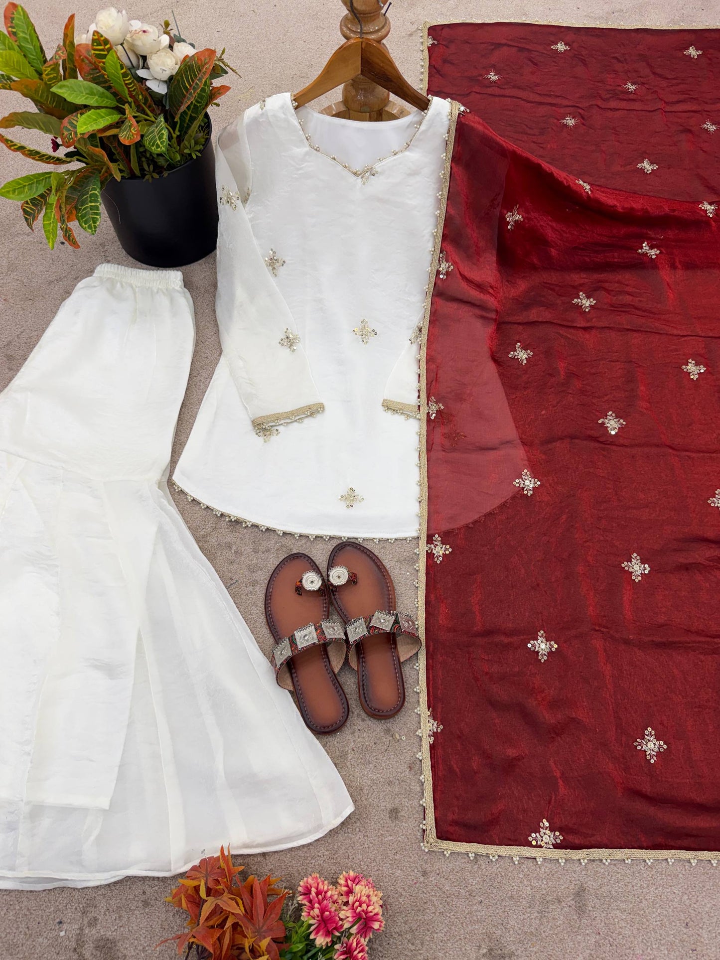 Embroidered Sharara Set with Contrast Sequin Maroon Dupatta