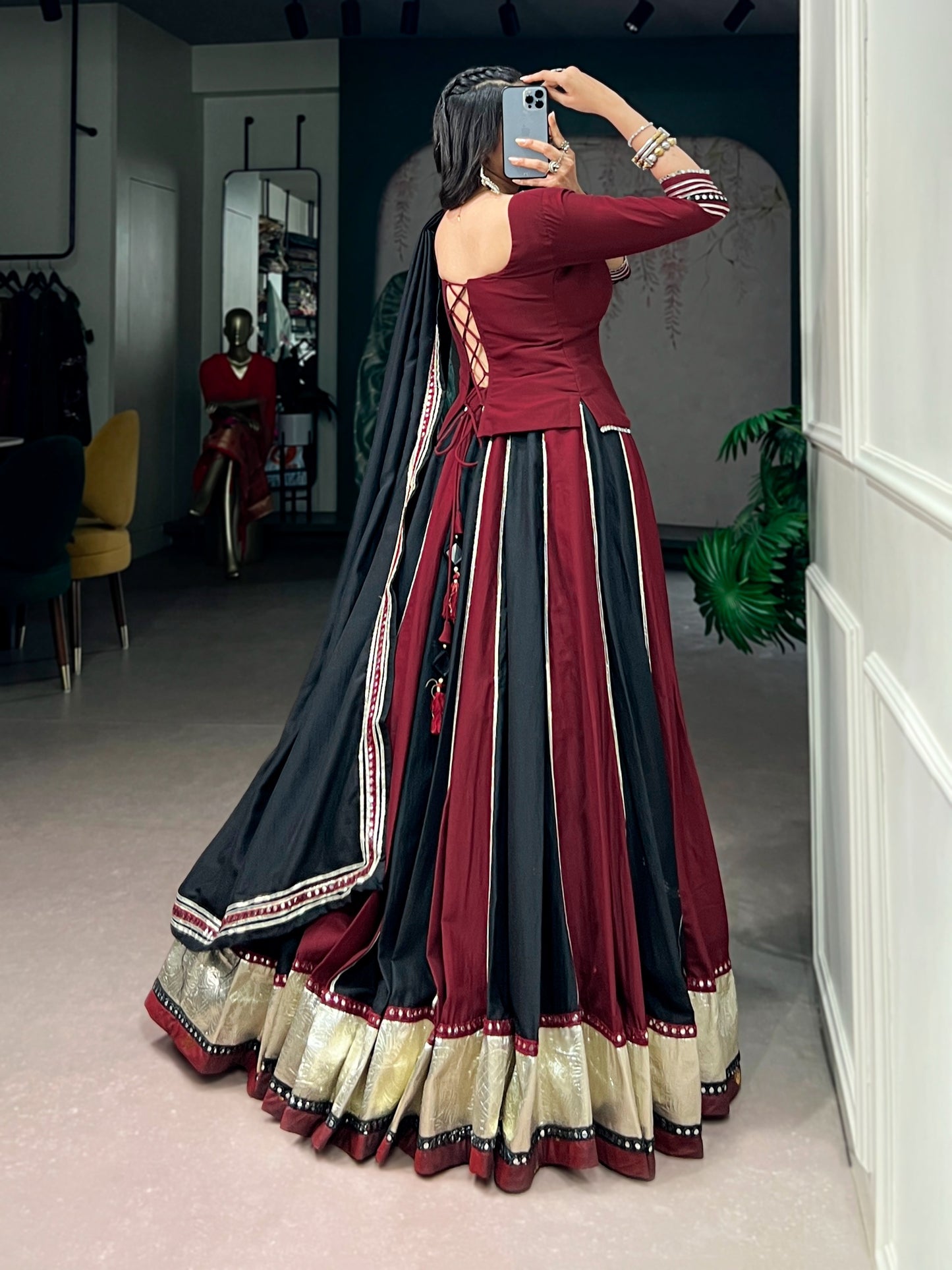 Maroon Black Panelled Lehenga Choli With Zari Border And Mirror Work