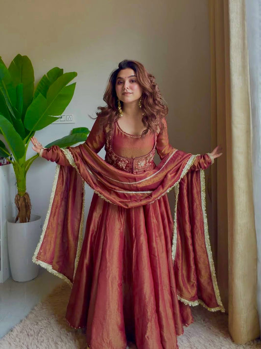 Red Silk Anarkali Suit With Gold Embroidery And Matching Dupatta