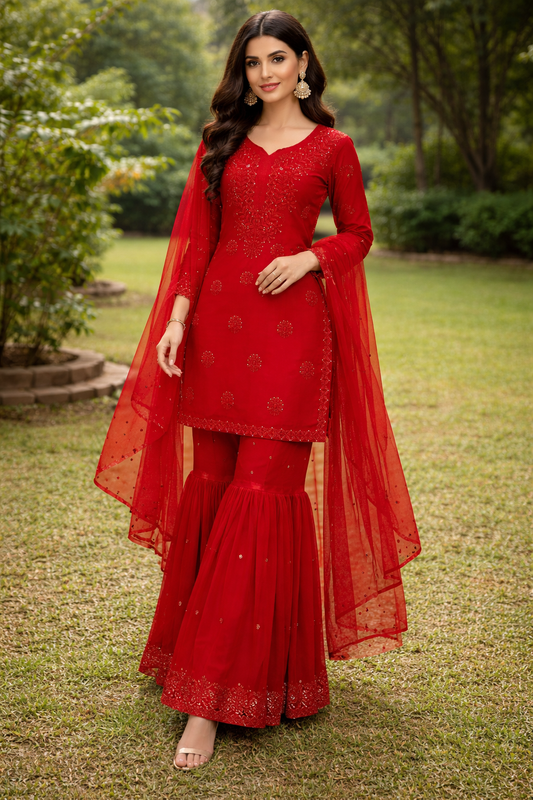 Red Sharara Suit With Embroidery Work And Dupatta