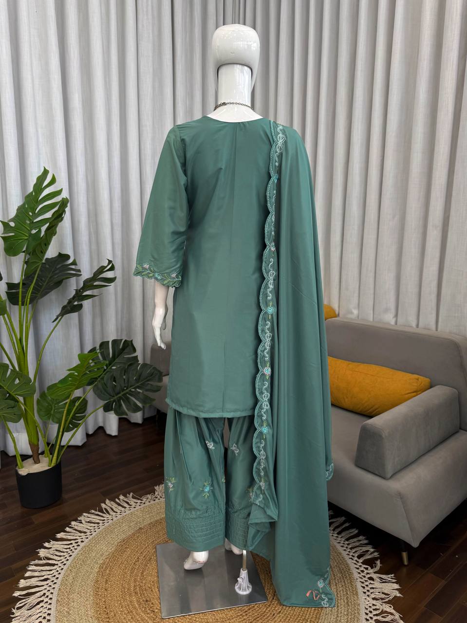 Teal Green Floral Embroidered Farshi Salwar With Bow Detail And Dupatta