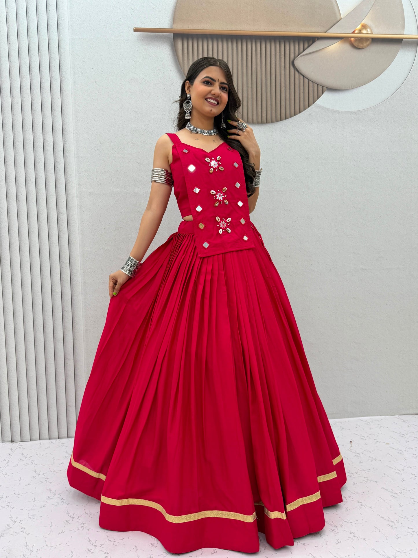 6 Meter Flair Rani Pink Plain Lehenga Choli With Mirror Work Jacket