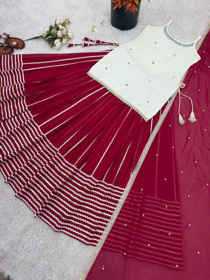 Off White Sleeveless Top And Lehenga With Dupatta