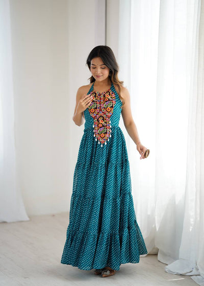 Bandhani Maxi Dress With Intricate Kutchi Embroidered Halter Neck