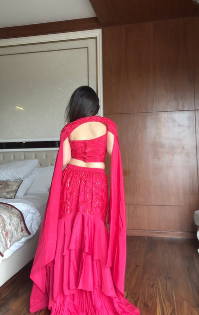 Elegant Rani Pink Embroidered Layered Lehenga With Crape Dupatta