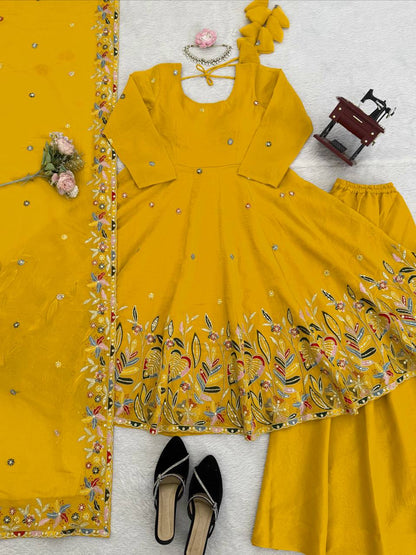 Yellow Embroidered Anarkali Suit With Floral Dupatta And Plazzo