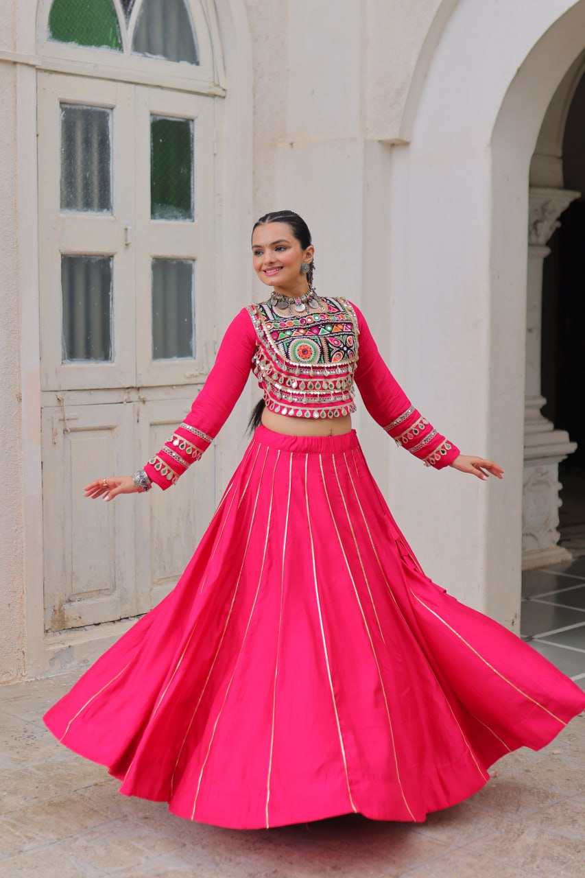 Designer Lehenga With Kutchi Gamthi Embroidered Blouse And Mirror Work