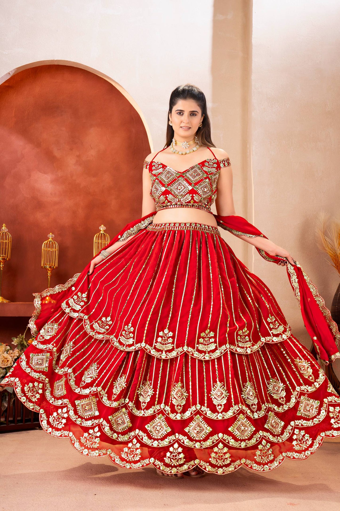 Bridal Red Zari And Sequins Embroidered Layered Lehenga Choli Set With Dupatta
