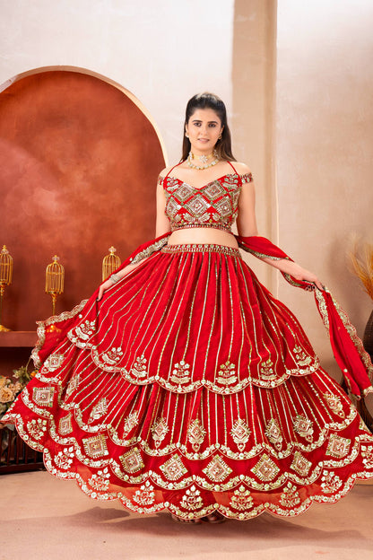 Bridal Red Zari And Sequins Embroidered Layered Lehenga Choli Set With Dupatta