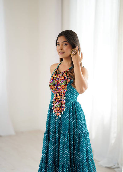Bandhani Maxi Dress With Intricate Kutchi Embroidered Halter Neck