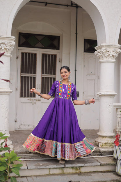 Gamthi Mirror Work Anarkali Gown With Multicolor Kutchi Patch Border