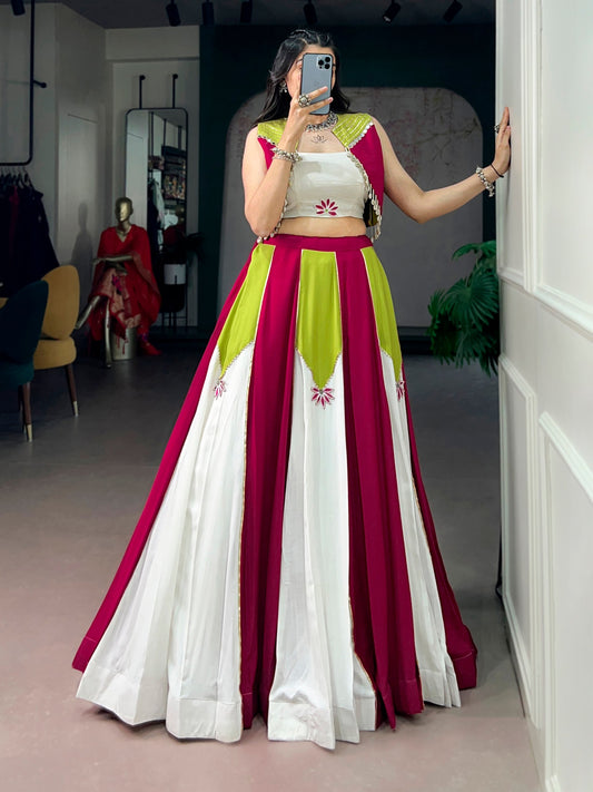 Color Block Indo-Western Lehenga Set With Jacket - Pink, Lime Green And White