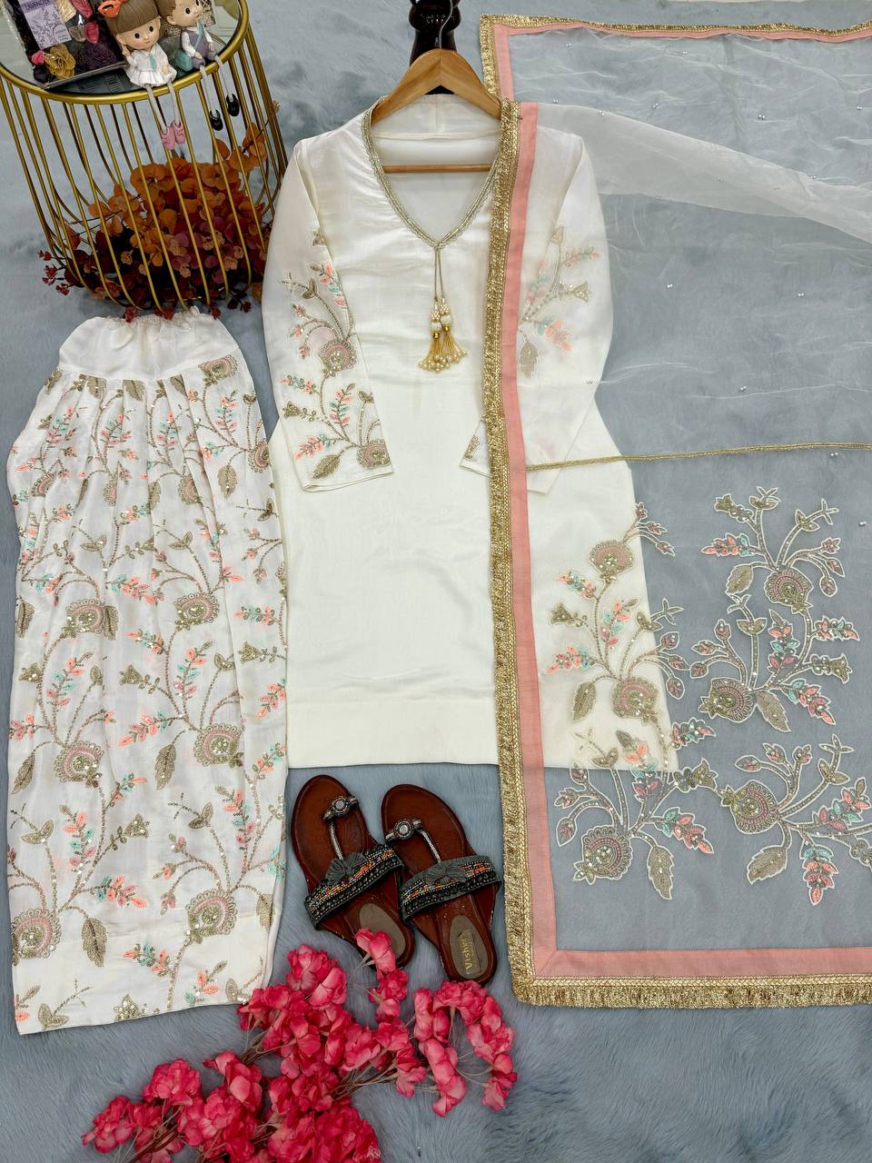 Short Kurta With Floral Embroidery Paired with Farshi Salwar and Net Dupatta with Gold Lace