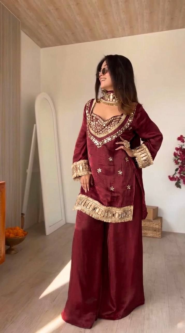 Maroon Silk Sharara Suit With Real Mirror Work And Gold Lace Work