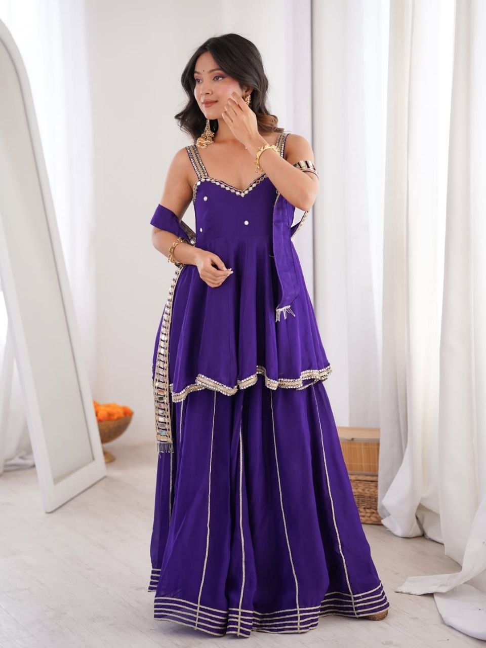 Royal Purple Plazo Set With Real Mirror Work